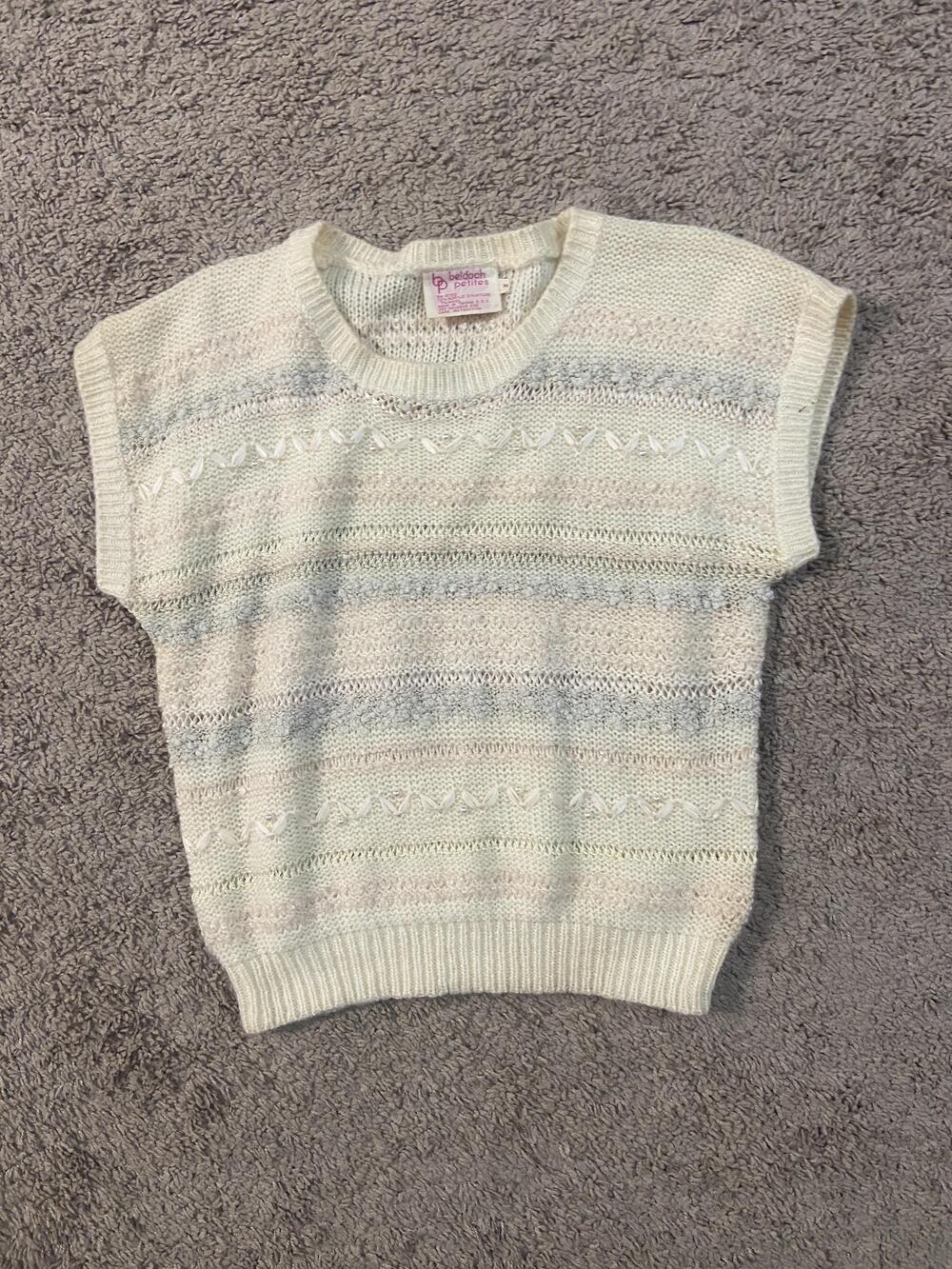 Vintage Beldoch Petites Sweater Womens Medium White Knit Beaded Hearts 80s